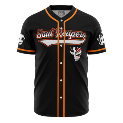 The Personalized Soul Reapers Bleach Baseball Jersey is black with orange and white trim, features Soul Reapers in stylized text across the chest, a skull emblem on one sleeve, and a red-striped mask logo on the front.