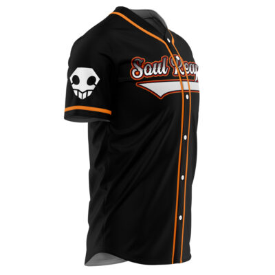 The Personalized Soul Reapers Bleach Baseball Jersey features black fabric with orange trim, white buttons, Soul Reapers in stylized font across the chest, and a white skull emblem on the left sleeve; displayed on a mannequin from the side.