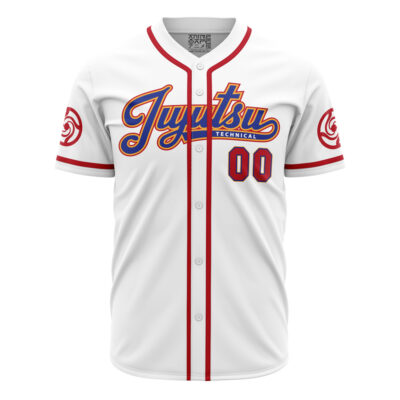 The Personalized Tokyo Jujutsu High Jujutsu Kaisen Baseball Jersey is white with red trim, "Jujutsu Technical" in blue and orange script on the chest, number 00 in red, and circular red logos on both sleeves.