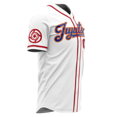 The Personalized Tokyo Jujutsu High Jujutsu Kaisen Baseball Jersey features a white design with red trim, a red and blue "Juyts" logo on the chest, and a red emblem on the sleeve, displayed on a right-angled mannequin torso.