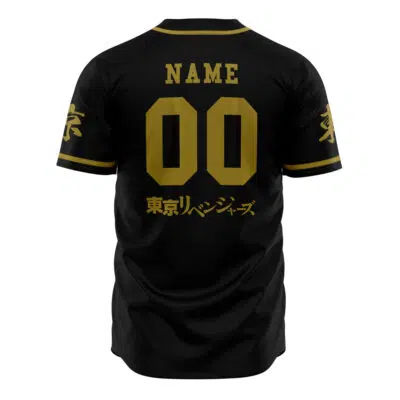 Personalized Tokyo Manji Gang Tokyo Revengers Baseball Jersey shown from the back, with NAME and 00 in gold, Japanese characters, and gold accents on sleeves and under the number.