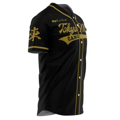 The Personalized Tokyo Manji Gang Tokyo Revengers Baseball Jersey is black with gold trim and buttons, Tokyo Manji Gang in gold on the front, Japanese writing on the left chest, and a gold symbol on the left sleeve.