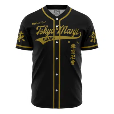 The Personalized Tokyo Manji Gang Tokyo Revengers Baseball Jersey is black with gold trim and buttons, featuring Tokyo Manji Gang in English and Japanese on the front and sleeves.