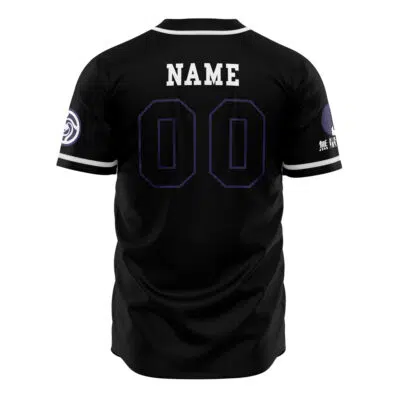 A black Personalized Tokyo Prefectural Jujutsu Kaisen Baseball Jersey viewed from the back, featuring NAME above the number 00 in white, with white-striped sleeves and various white logos.