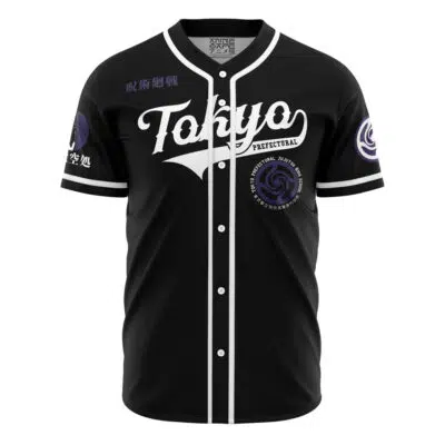 The Personalized Tokyo Prefectural Jujutsu Kaisen Baseball Jersey is a black button-up with white trim, Tokyo in bold script, Japanese text, and white and purple patches on the sleeves and chest.