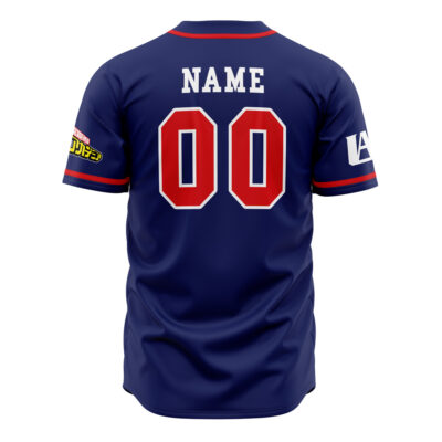 A blue Personalized UA Training Uniform My Hero Academia Baseball Jersey shown from the back, displaying NAME and 00 in white and red, with sleeve patches.