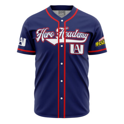 The Personalized UA Training Uniform My Hero Academia Baseball Jersey is blue with red and white trim, white buttons, "Hero Academy" on the chest, and UA and My Hero Academia logos on the sleeves.