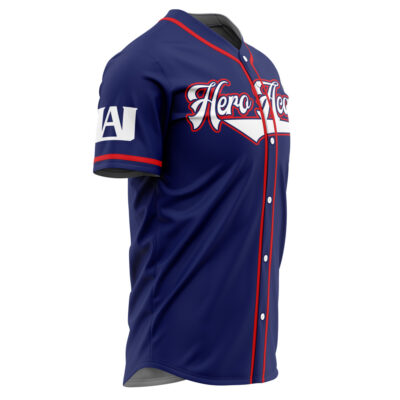 The Personalized UA Training Uniform My Hero Academia Baseball Jersey is blue with red and white accents, "Hero Academia" on the chest, and a white UA logo on the left sleeve.