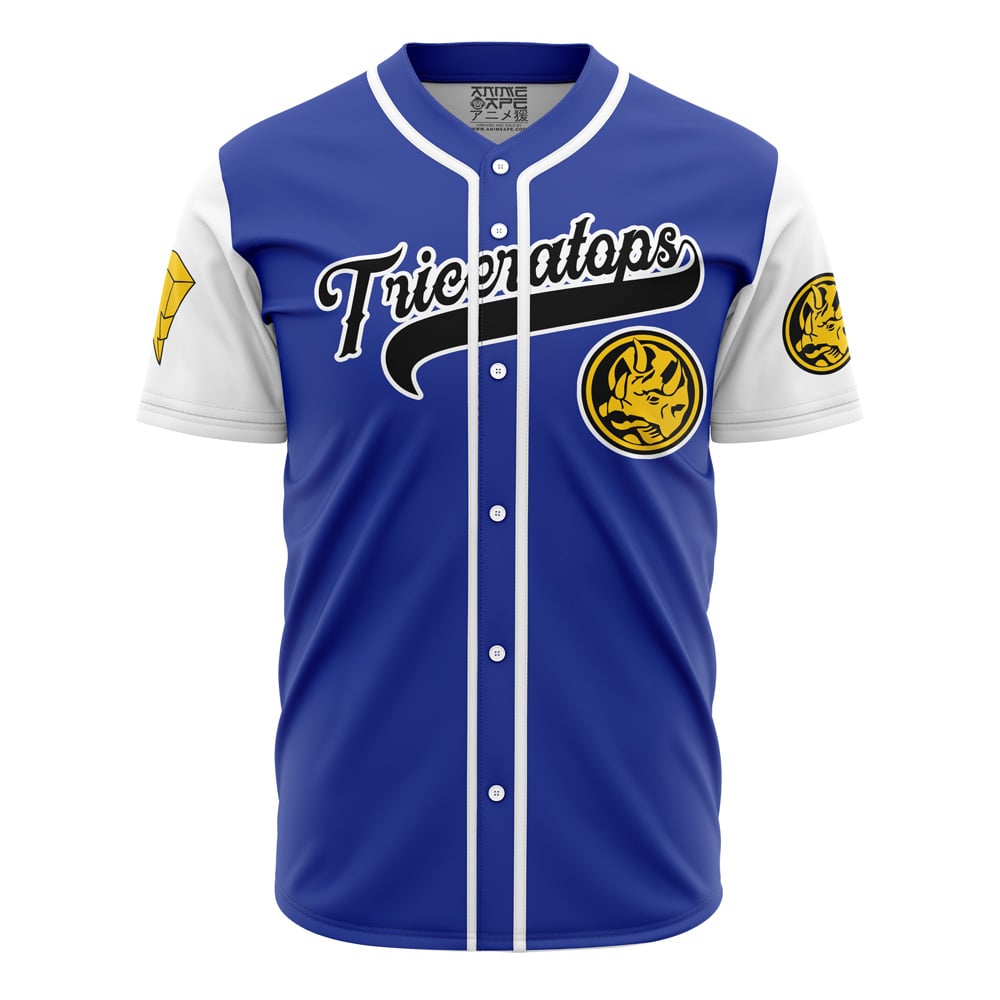 Personalized Triceratops Blue Power Rangers Baseball Jersey - Anime Ape