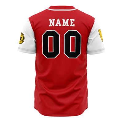 A Personalized Tyrannosauruses Red Power Rangers Baseball Jersey featuring white sleeves, yellow patches, and customizable NAME above the number 00 on the back.