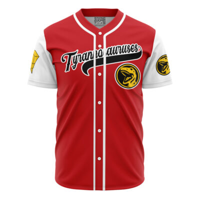 The Personalized Tyrannosauruses Red Power Rangers Baseball Jersey features "Tyrannosauruses" across the chest, a yellow T. rex head logo on the left chest and right sleeve, and a yellow claw mark on the left sleeve.