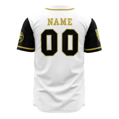 A Personalized White Tigers Tommy Oliver Power Rangers Baseball Jersey in white with black and gold sleeves, "NAME" and "00" in gold-outlined black letters on the back, plus a circular gold and black patch on the left sleeve.