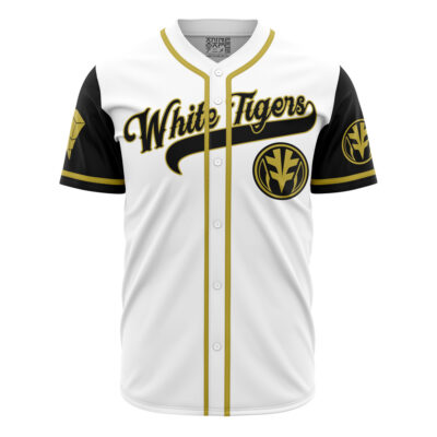 The Personalized White Tigers Tommy Oliver Power Rangers Baseball Jersey features a white body, black sleeves, gold and black accents, "White Tigers" across the chest, and circular gold-and-black tiger emblems on the chest and sleeves.