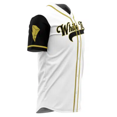 The Personalized White Tigers Tommy Oliver Power Rangers Baseball Jersey is white with black sleeves and gold accents, featuring "White" in black and gold cursive on the chest and a gold shield logo on the left sleeve.