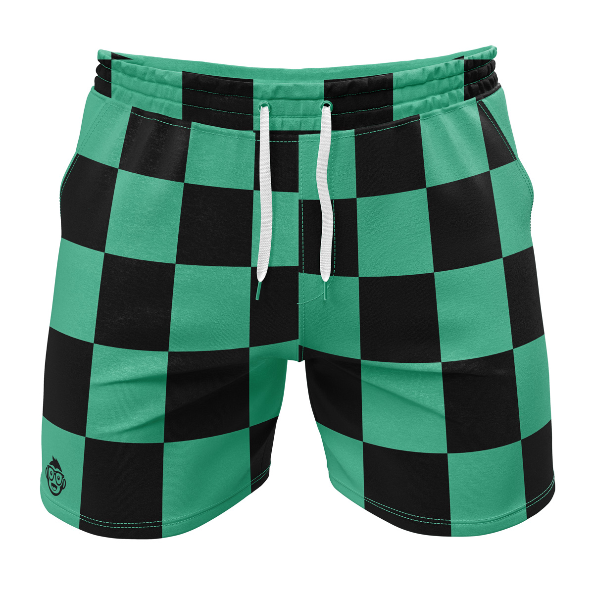 Tanjiro Kamado Demon Slayer Gym Shorts feature a green and black checkered design, a white drawstring, and an illustrated cartoon face logo on the lower left leg.