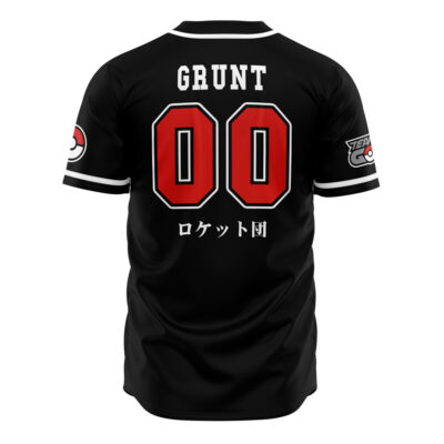 The Team Rocket Grunt Black Pokemon Baseball Jersey features bold red and white GRUNT 00 on the back, Japanese characters beneath, white trim, and Team Rocket logos on the sleeves.