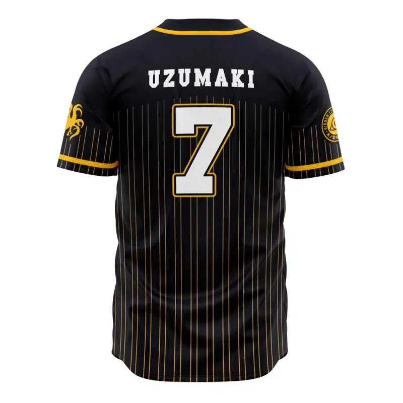 The Ichiraku Ramen Shippuden Baseball Jersey features a black design with yellow pinstripes, UZUMAKI in white above the number 7, and yellow-accented sleeve logos.