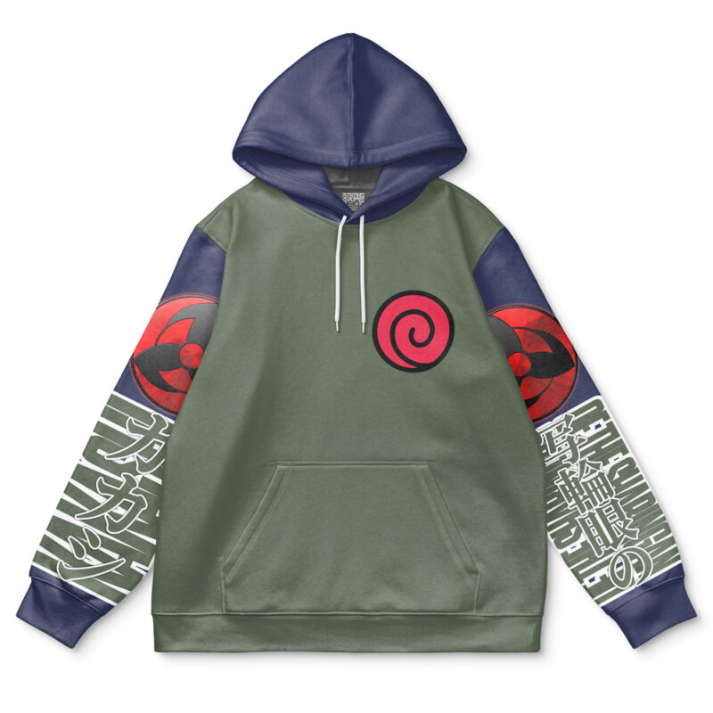 The Hatake Kakashi Shippuden Streetwear Hoodie features a green body, navy hood and sleeves, white drawstrings, red swirl and eye designs on the chest and upper sleeves, plus white Japanese-style text and symbols on the lower sleeves.
