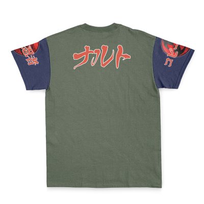 The Hatake Kakashi Shippuden Streetwear T-Shirt is green with Japanese characters in red and white on the back and sleeves. The navy blue sleeves feature red circular designs and more Japanese text.