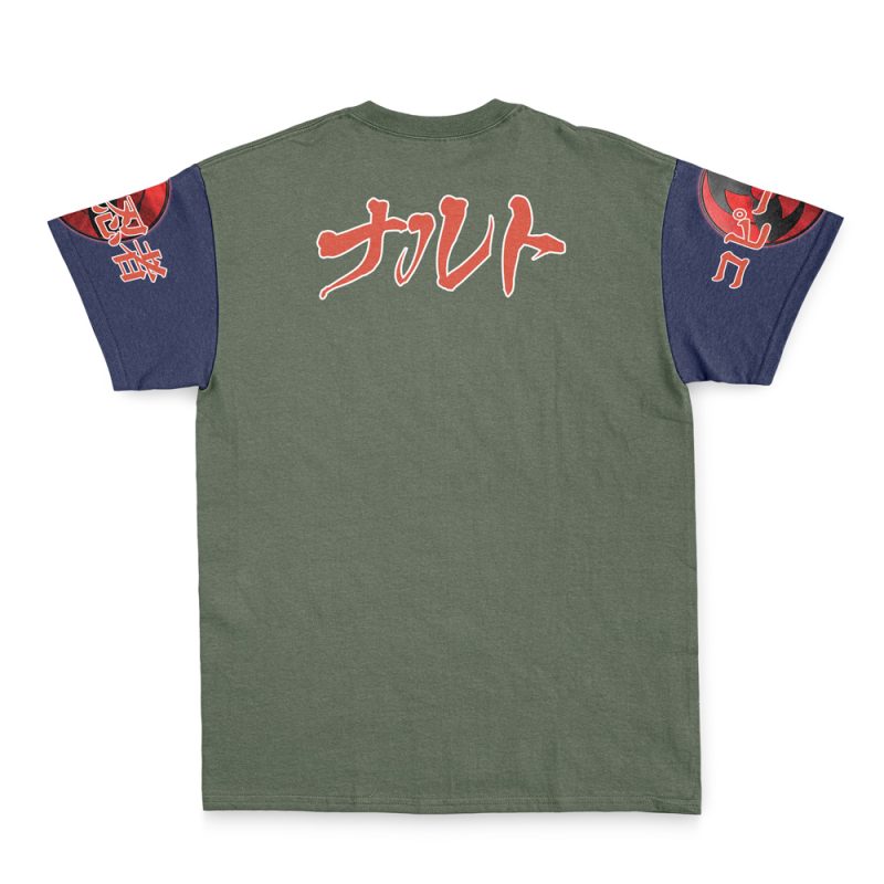 The Hatake Kakashi Shippuden Streetwear T-Shirt is green with Japanese characters in red and white on the back and sleeves. The navy blue sleeves feature red circular designs and more Japanese text.