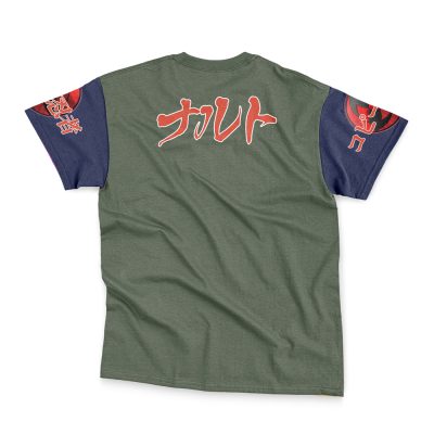 Back view of the Hatake Kakashi Shippuden Streetwear T-Shirt in green with dark blue sleeves, bold white and red Japanese text on the back, and stylized red graphics with Japanese characters on both sleeves.