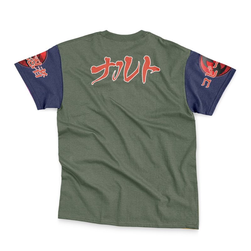 Back view of the Hatake Kakashi Shippuden Streetwear T-Shirt in green with dark blue sleeves, bold white and red Japanese text on the back, and stylized red graphics with Japanese characters on both sleeves.