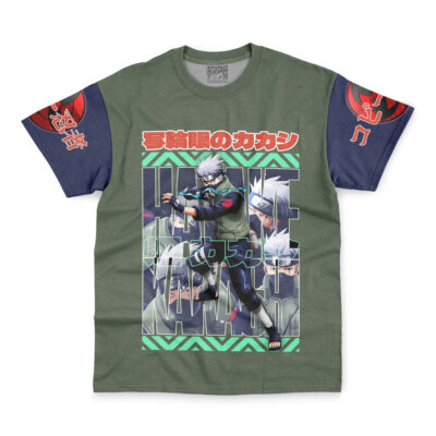 The Hatake Kakashi Shippuden Streetwear T-Shirt features Kakashi from Naruto in action on a green base, bold "KAKASHI" letters behind, Japanese text above, and blue sleeves with red symbols and extra Japanese characters.