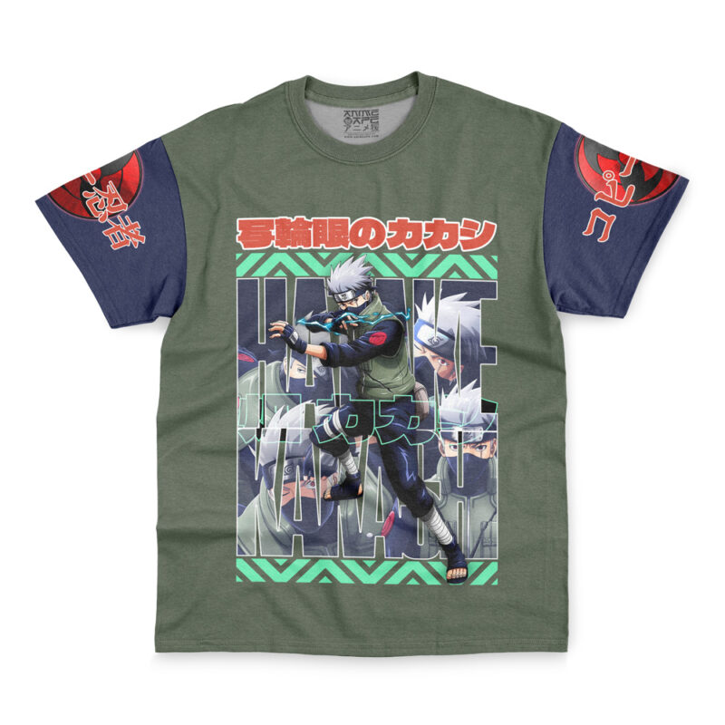 The Hatake Kakashi Shippuden Streetwear T-Shirt features Kakashi from Naruto in action on a green base, bold "KAKASHI" letters behind, Japanese text above, and blue sleeves with red symbols and extra Japanese characters.