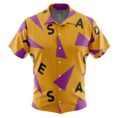 The Master Roshi Dragon Ball Z Button Up Hawaiian Shirt features short sleeves, a yellow background, large purple triangles, scattered black letters, a classic collar, and white buttons.