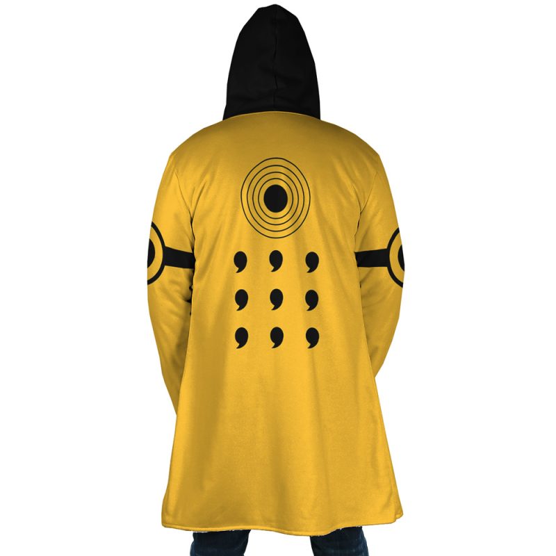Person wearing the Six Paths Sage Mode Shippuden Dream Cloak Coat, viewed from behind, with black circular and dot patterns, including a large ringed circle on the upper back and vertical black marks below.