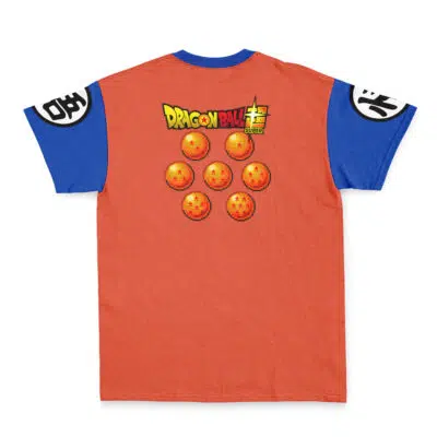 The Son Goku Dragon Ball Z Streetwear T-Shirt features an orange and blue design, Dragon Ball Super text on the back, seven Dragon Balls underneath, and white circular kanji symbols on the sleeves.