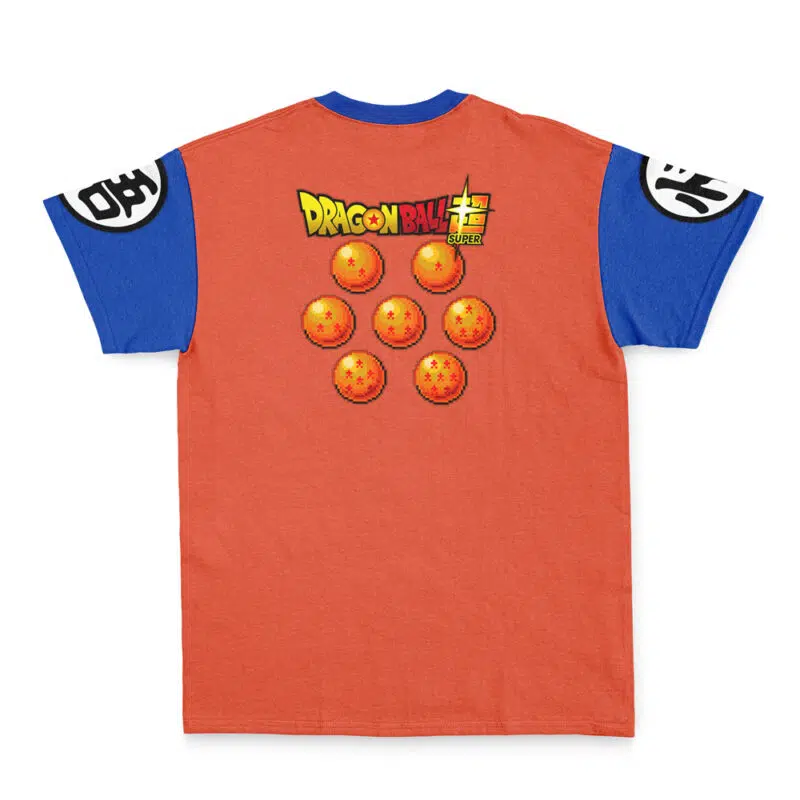 The Son Goku Dragon Ball Z Streetwear T-Shirt features an orange and blue design, Dragon Ball Super text on the back, seven Dragon Balls underneath, and white circular kanji symbols on the sleeves.