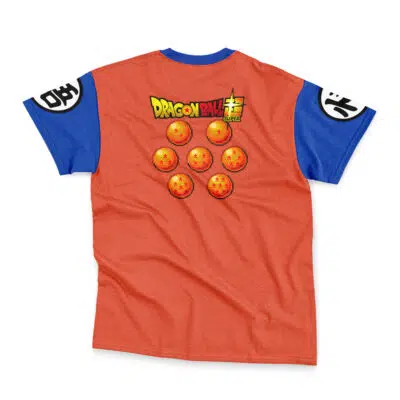 The Son Goku Dragon Ball Z Streetwear T-Shirt features orange and blue colors, a Dragon Ball Super logo, seven Dragon Balls on the back, and white sleeve patches with black Japanese kanji.