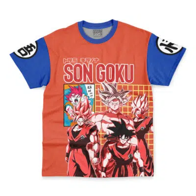 The Son Goku Dragon Ball Z Streetwear T-Shirt is an orange and blue tee with multiple Goku forms, Japanese text, bold SON GOKU lettering, and manga-style panels with a Kamehameha speech bubble.