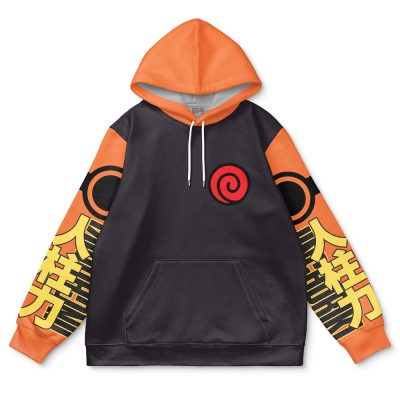The Uzumaki Shippuden Streetwear Hoodie is inspired by Naruto, with an orange hood and sleeves, black front, red swirl symbol on the chest, and bold yellow Japanese kanji with black accents on the sleeves.