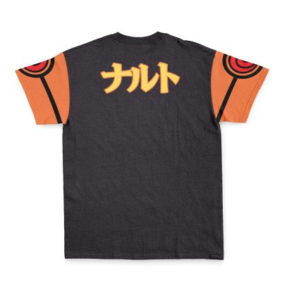 The Uzumaki Shippuden Streetwear T-Shirt is black with orange sleeves, features red and black circular designs on the upper sleeves, and has yellow Japanese katakana text "ナルト" on the back.