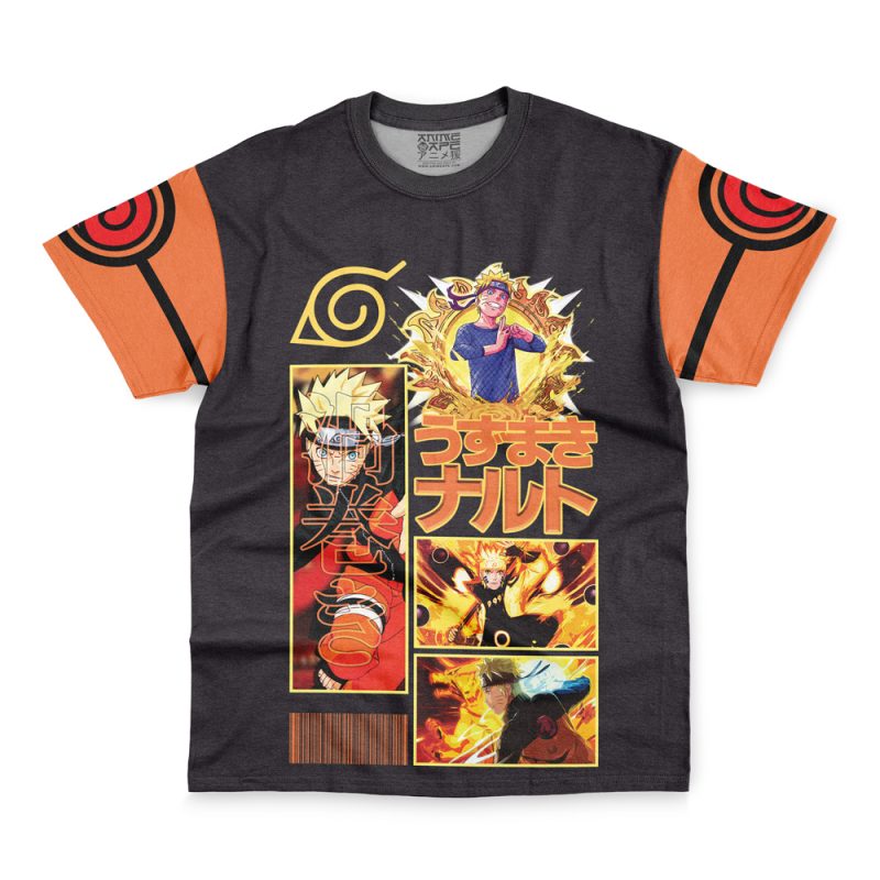 The Uzumaki Shippuden Streetwear T-Shirt features vibrant Naruto anime graphics with Naruto Uzumaki in action poses, Japanese text, orange ninja symbols on the sleeves, and a yellow-orange-red design on a dark background.