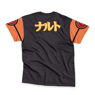 The Uzumaki Shippuden Streetwear T-Shirt is black with orange sleeves, red and black target designs, and bold yellow Japanese katakana reading "Naruto" on the back.