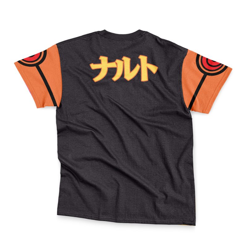 The Uzumaki Shippuden Streetwear T-Shirt is black with orange sleeves, red and black target designs, and bold yellow Japanese katakana reading "Naruto" on the back.
