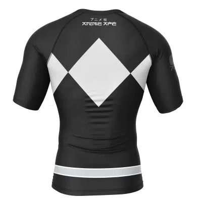 The Black Ranger Mighty Morphin Power Rangers Short Sleeve Rash Guard Compression Shirt features a large white diamond on the back, two horizontal white stripes near the waist, and white Japanese text near the neckline.