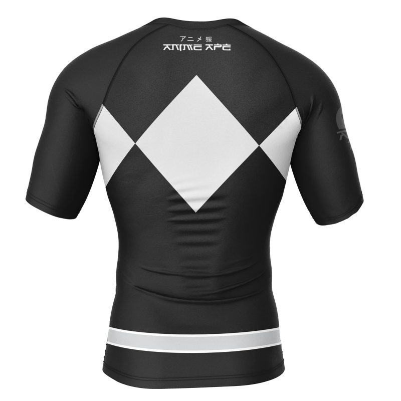 The Black Ranger Mighty Morphin Power Rangers Short Sleeve Rash Guard Compression Shirt features a large white diamond on the back, two horizontal white stripes near the waist, and white Japanese text near the neckline.
