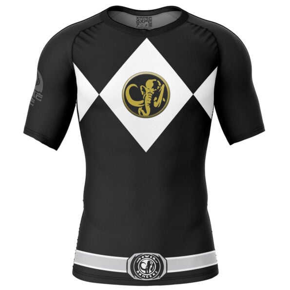 The Black Ranger Mighty Morphin Power Rangers Short Sleeve Rash Guard Compression Shirt features a black design with a white diamond on the chest, gold cobra logo at the center, and white and gray bands near the waist.