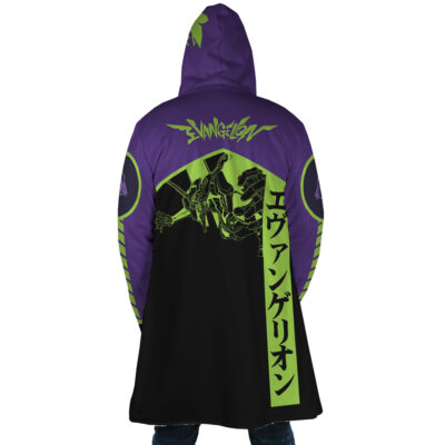 A person wearing the Eva 1 Neon Genesis Evangelion Dream Cloak Coat, a long, hooded coat with purple, black, and green colors, Evangelion text, mecha graphic, and Japanese characters on the back inspired by the anime.