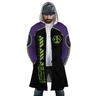 A man wears the Eva 1 Neon Genesis Evangelion Dream Cloak Coat, inspired by Evangelion Unit-01 with purple, black, and green colors, plus EVA 01 text and logos on the front and sleeves.