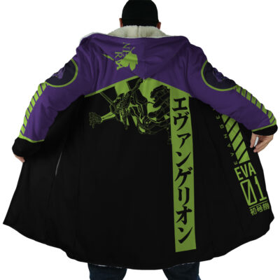 Someone wearing the Eva 1 Neon Genesis Evangelion Dream Cloak Coat, featuring neon green graphics and Japanese text on purple and black fabric, stands with arms outstretched to show off the design from the back.