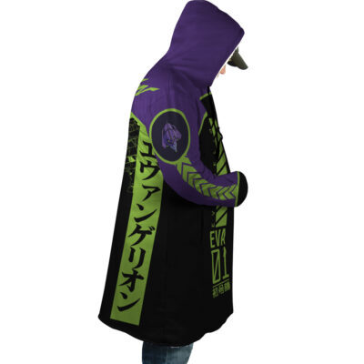 A side view of a person wearing the Eva 1 Neon Genesis Evangelion Dream Cloak Coat, a purple and black hooded coat with green designs, Japanese text, and an Evangelion Unit-01 icon inspired by the anime.