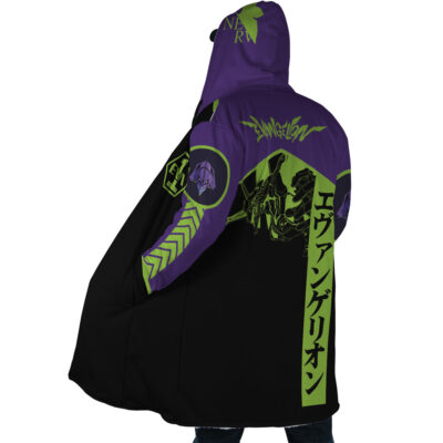 A person wearing the Eva 1 Neon Genesis Evangelion Dream Cloak Coat—a hooded black and purple jacket with neon green designs, Japanese text, robot graphics on the back, and bold stylized lettering inspired by the anime.