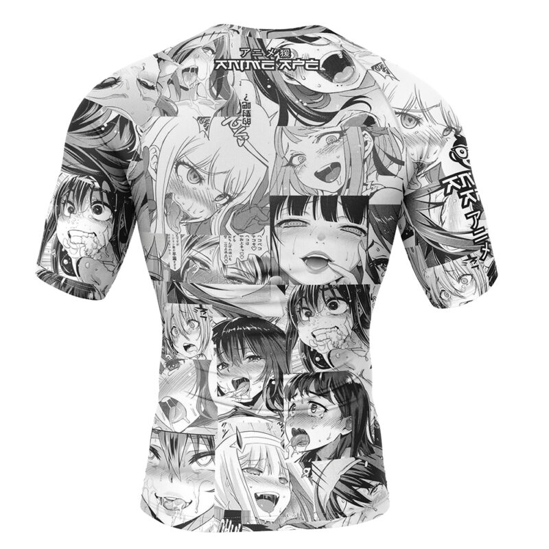 The Manga Ahegao Pattern Short Sleeve Rash Guard Compression Shirt features black-and-white manga panels on the back, showcasing various expressive and exaggerated anime faces with different emotional reactions.