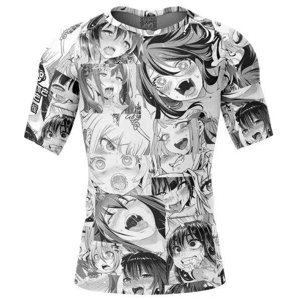 Manga Ahegao Pattern Short Sleeve Rash Guard Compression Shirt