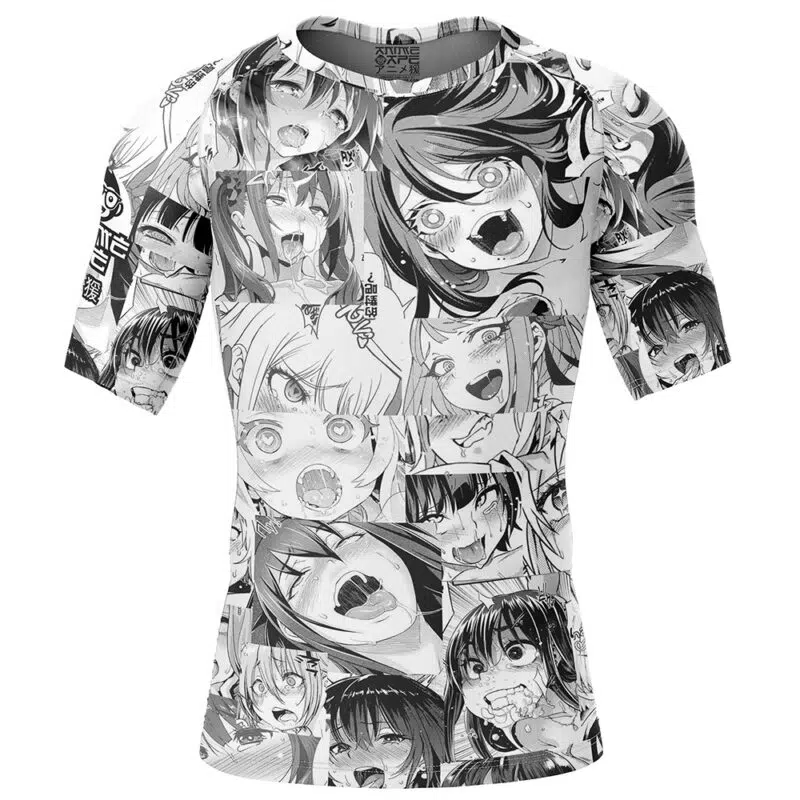 Manga Ahegao Pattern Short Sleeve Rash Guard Compression Shirt